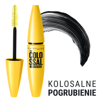Żółty tusz Maybelline The Colossal mascara i szczoteczka, obok duża czarna smuga tuszu na białym tle. Kolosalne pogrubienie.