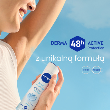 Kobieta trzyma dezodorant NIVEA Fresh Natural, 0% soli aluminium, 48h ochrona, na tle nieba. Widoczne ramię.