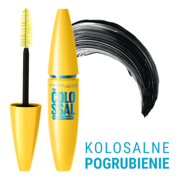 Maybelline The Colossal Volum' Express mascara, żółta tubka z czarnym tuszem i szczoteczką, kolosalne pogrubienie.
