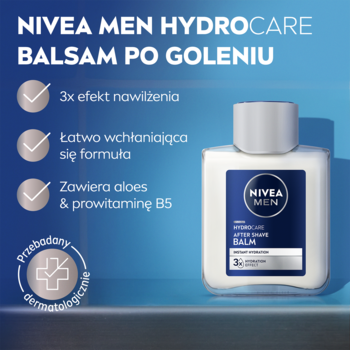 NIVEA MEN HydroCare balsam po goleniu nawilżający, biała butelka z aloesem i B5, widok z przodu.