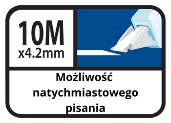 Etykieta korektora w taśmie 10M x 4.2mm, z ikoną nakładania taśmy i tekstem: Możliwość natychmiastowego pisania.
