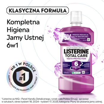 Fioletowy płyn do płukania ust Listerine Total Care 6w1 z etykietą "Nr 1 w Polsce", widok z przodu.