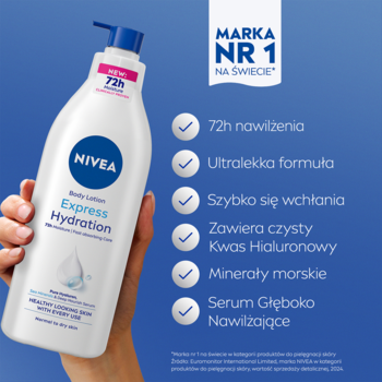 NIVEA Express Hydration balsam do ciała 400ml, biała butelka z pompką, trzymana w dłoni, 72h nawilżenia.