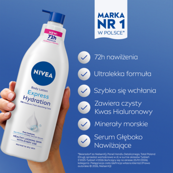 Nivea Express Hydration balsam do ciała z pompką, 72h nawilżenia i kwas hialuronowy, trzymany przez dłoń.