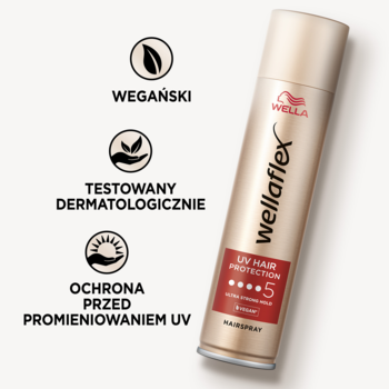 Złoty lakier do włosów Wellaflex UV Hair Protection 5, widok z przodu, obok ikony: wegański, testowany dermatologicznie.