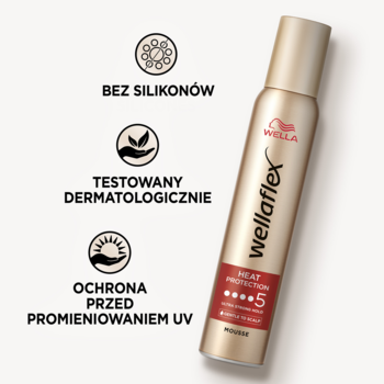Wella Wellaflex Heat Protection pianka do włosów w złotej butelce, widok z przodu. Bez silikonów, UV, derm. testowana.