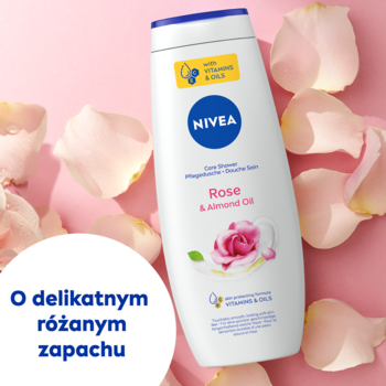Biała butelka żelu NIVEA Rose & Almond Oil 500ml, otoczona płatkami róż na różowym tle, ujęcie frontalne.