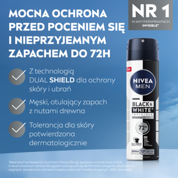 NIVEA MEN Black & White Original antyperspirant spray 150 ml, czarno-biała puszka, widok przodem, ochrona 72h.