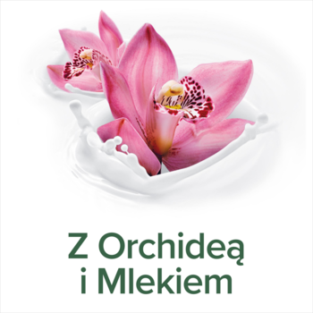 Kremowe mydło Palmolive z orchideą i mlekiem: ilustracja z różowymi orchideami na białej, kremowej cieczy.
