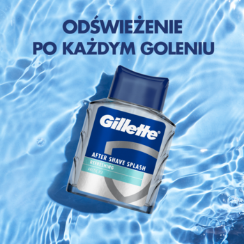 Butelka Gillette After Shave Splash Arctic Ice unosi się na błękitnej, falującej wodzie, symbolizując odświeżenie.