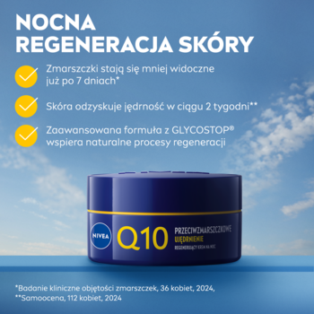 NIVEA Q10 Przeciwzmarszczkowy krem na noc w ciemnoniebieskim słoiczku ze złotym Q10, na tle błękitnego nieba.