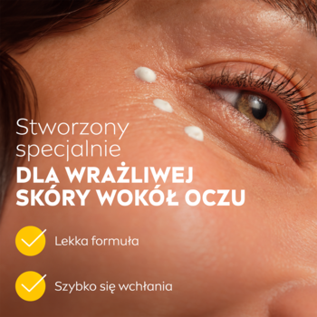 Zbliżenie oka z kremem NIVEA Q10 Ujędrnienie w trzech kroplach. Przeznaczony dla wrażliwej skóry wokół oczu.