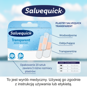 Salvequick Transparent, 20 sztuk, wodoodporne, oddychające plastry, widok z przodu opakowania na błękitnym tle.