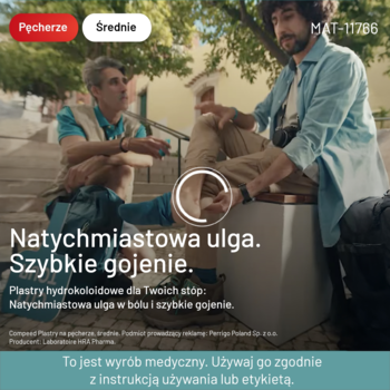 Reklama Compeed plastrów hydrokoloidowych: turysta z plecakiem patrzy na stopę z pęcherzem, szybka ulga.