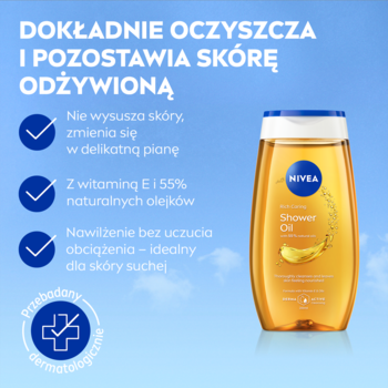 NIVEA Rich Caring Shower Oil, żółta butelka z niebieską nakrętką na tle nieba. Skóra sucha, 55% olejków, dermatologicznie.