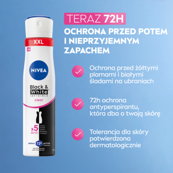 NIVEA Black & White Clear Antyperspirant XXL w sprayu, biało-czarny, 72h ochrony przed plamami, na tle z zaletami.
