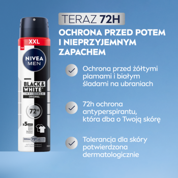 NIVEA MEN Black & White antyperspirant spray XXL, czarno-biały, 72h ochrona przed plamami, na niebieskim tle.