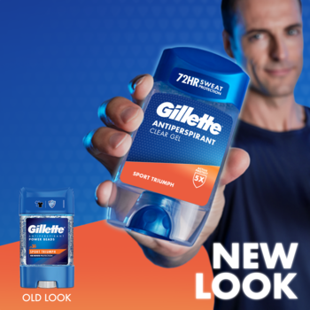 Mężczyzna prezentuje antyperspirant Gillette Clear Gel Sport Training 72HR w nowym opakowaniu. Obok widoczny 'OLD LOOK'.