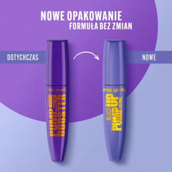 Miss Sporty Pump Up Black Volume mascara: porównanie starego i nowego fioletowego opakowania na purpurowym tle.