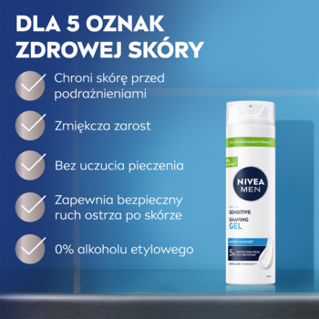 Żel do golenia NIVEA MEN Sensitive w biało-zielonej butelce, obok lista 5 korzyści dla zdrowej skóry, 0% alkoholu.