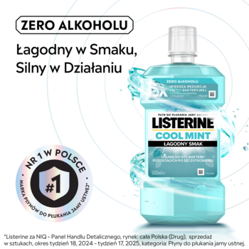 Butelka Listerine Cool Mint bez alkoholu, łagodny smak, z etykietą „#1 w Polsce” na białym tle, widok z przodu.