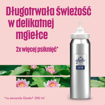 Srebrny mini spray Glade One, zapas odświeżacza Japoński Ogród w delikatnej mgiełce, na tle lilii wodnych.