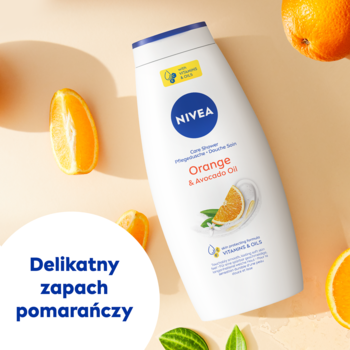NIVEA Żel pod prysznic Orange & Avocado Oil w białej butelce z niebieskim korkiem, otoczony świeżymi pomarańczami.