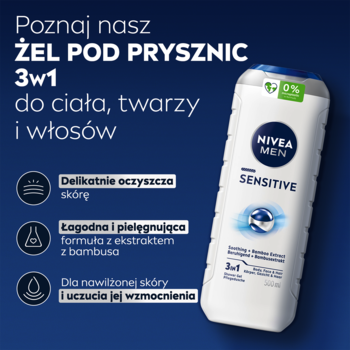 NIVEA MEN Sensitive 3w1 żel pod prysznic z bambusem, biała butelka widoczna z przodu na granatowym tle.