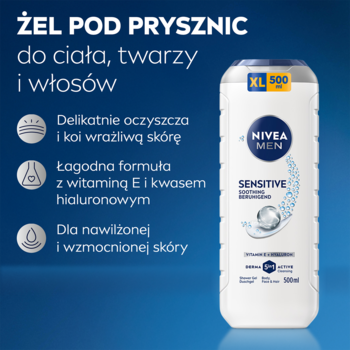 Żel pod prysznic NIVEA MEN Sensitive 3w1 500ml z wit. E i kw. hialuronowym, biała butelka na niebieskim tle, front.