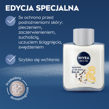NIVEA MEN Sensitive After Shave Balm Edycja Specjalna, biała butelka z koroną na niebieskim tle, 5x ochrona.