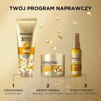 Zestaw Pantene do naprawy włosów: odżywka 3 Minute Miracle, maska i olejek Keratin Protect. Złote butelki.
