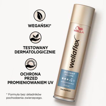Złoty lakier Wellaflex Instant Volume 4, z oznaczeniami wegański i ochrona UV, na jasnym tle.