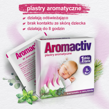 Aromactiv plastry aromatyczne, fioletowo-białe opakowanie z niemowlakiem, ziołami, od 1. dnia życia.