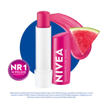 Pomadka NIVEA Watermelon Shine, różowa, otwarta, obok nakrętki, plaster arbuza, na białym tle z oznaczeniem NR 1.