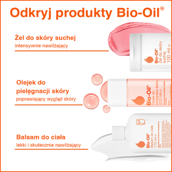 Trzy produkty Bio-Oil: żel do skóry suchej, olejek i balsam do ciała, w białych i różowych opakowaniach.