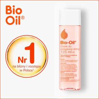 Bio-Oil olejek do skóry 125ml w przezroczystej butelce, obok etykieta nr 1 na blizny i rozstępy.