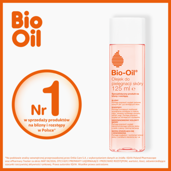 Bio-Oil olejek do pielęgnacji skóry 125ml, nr 1 na blizny i rozstępy, w przezroczystej butelce.