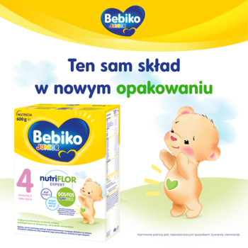 Bebiko Junior 4 NUTRIflor Expert, żółte mleko modyfikowane, z misiem i napisem 'Ten sam skład w nowym opakowaniu'.