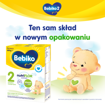 Frontalne ujęcie, żółte opakowanie mleka następnego Bebiko 2 NUTRIflor Expert z misiem. Napis: 'Ten sam skład w nowym opakowaniu'.