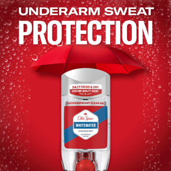 Old Spice Whitewater antyperspirant w sztyfcie, na czerwonym tle z kroplami wody i parasolem, widok frontalny.