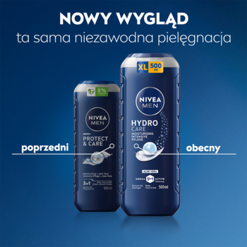 Nivea Men żel 3w1: porównanie starego Protect & Care i nowego Hydro Care opakowania 300ml i 500ml.