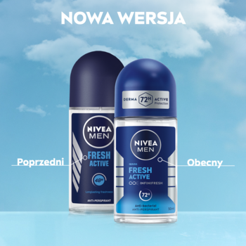 Antyperspirant NIVEA MEN Fresh Active: nowa wersja 72h obok poprzedniej. Jasne butelki, niebieskie nakrętki.
