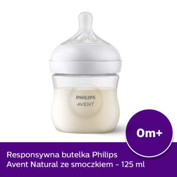Philips Avent Natural butelka responsywna 125ml z mlekiem i białym smoczkiem, na dole purpurowy pasek 0m+.