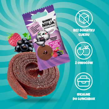 Bunny Ninja suszona przekąska owocowa jabłko-malina-czarna porzeczka: rozwinięta rolka, opakowanie, świeże owoce, ikony.