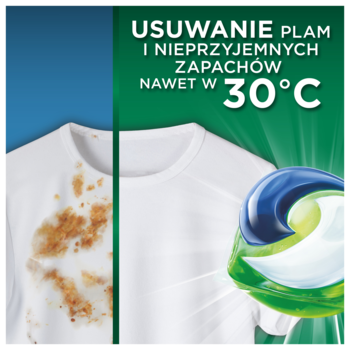 Ariel Allin1 PODS: t-shirt brudny od plam (lewa) i czysty (prawa). Skuteczne usuwanie zabrudzeń i zapachów w 30°C.