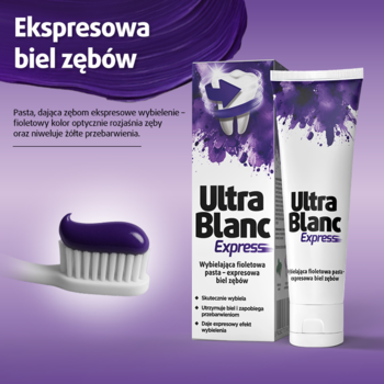 Fioletowa pasta wybielająca Ultra Blanc Express, tubka, pudełko i szczoteczka z pastą na purpurowym tle.