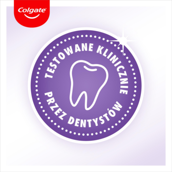 Fioletowa pieczęć Colgate Max White Purple Reveal: "TESTOWANE KLINICZNIE PRZEZ DENTYSTÓW", ząb w centrum.