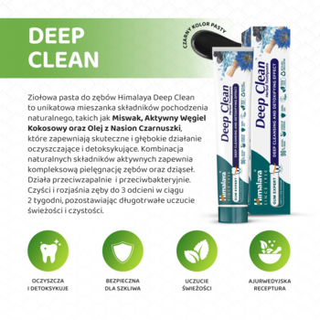 Himalaya Deep Clean ziołowa pasta do zębów w zielono-białym opakowaniu i tubce. Głębokie oczyszczanie, detoks, wybielanie.