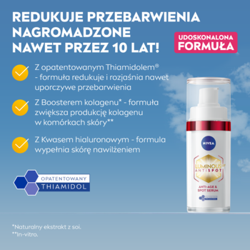 NIVEA Luminous630 Anti-Age serum z Thiamidolem na niebieskim tle, redukujące przebarwienia i zmarszczki.