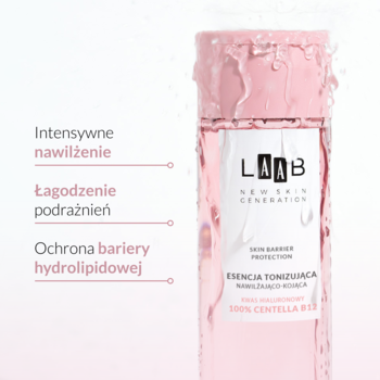 Pionowa, różowa butelka AA LAAB Esencji Tonizującej z Centella B12, widoczne kropelki, obok lista korzyści.